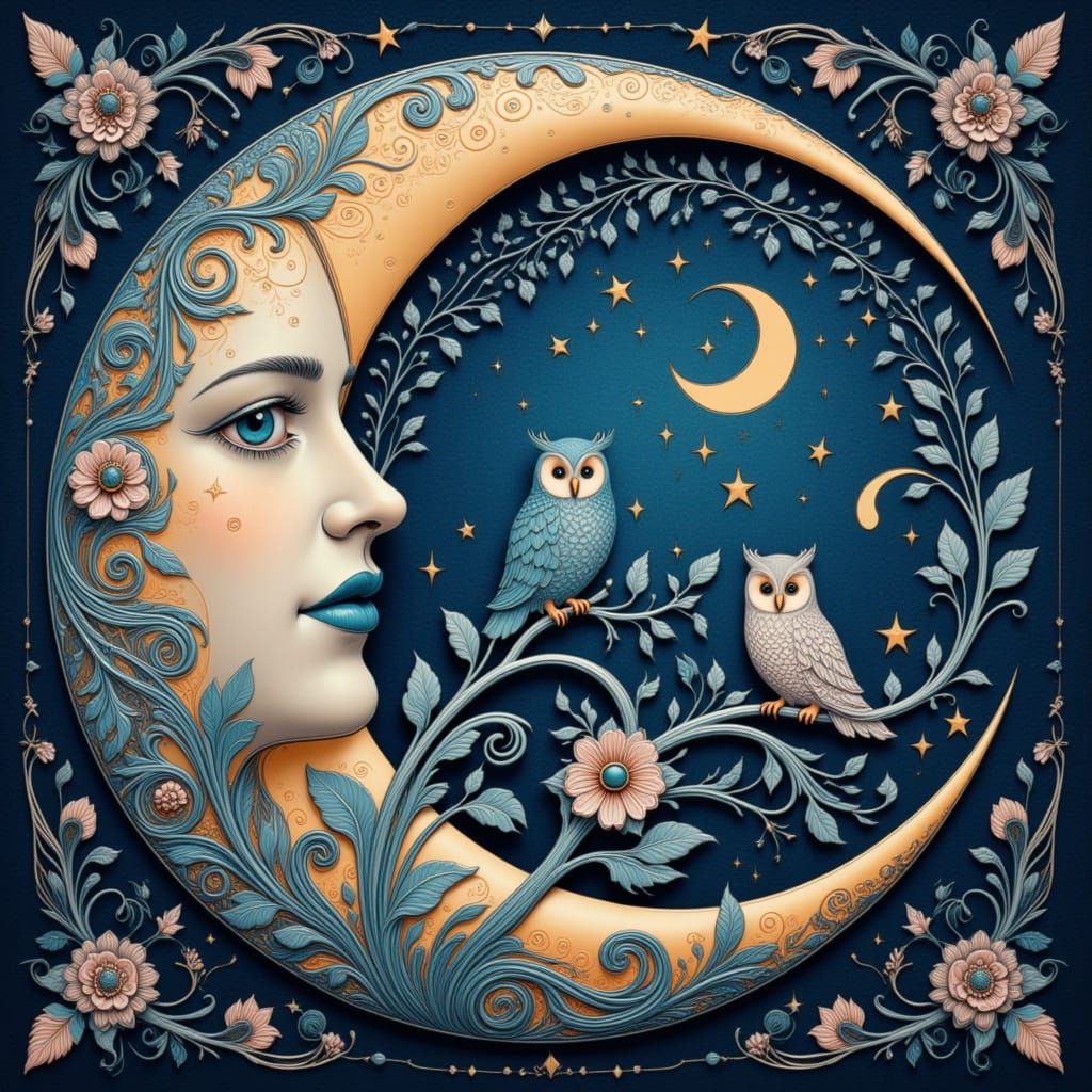 Folk Art Nouveau Moon with Owls and Stars