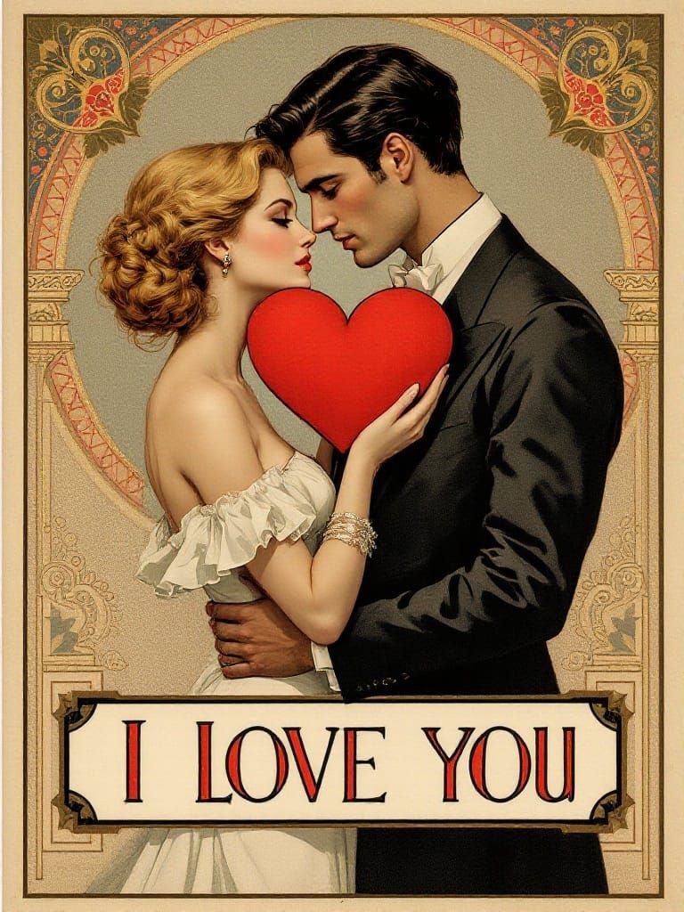 Glamorous Couple Holding a Heart in Art Nouveau Style