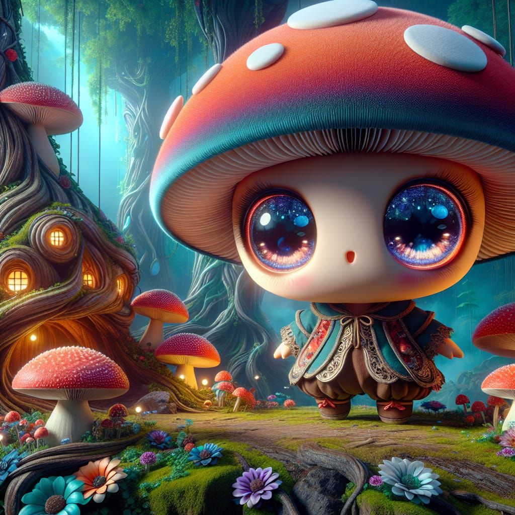 Chibi Mushroom in Maximalist Fantasy Forest