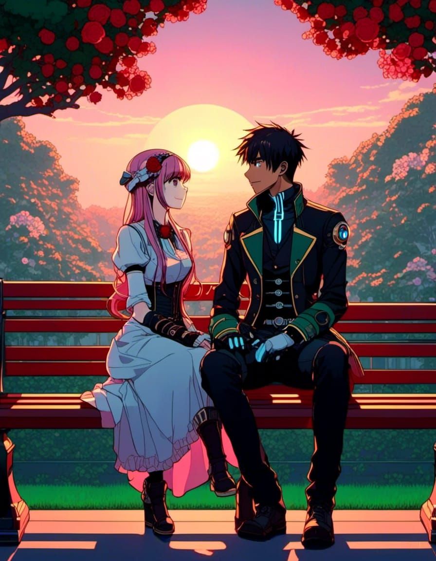 Steampunk Anime couple sitting on a Tokyo park bench in the Summer, sunset, fog, red, green, pink, blue <lora:Gridimatio...