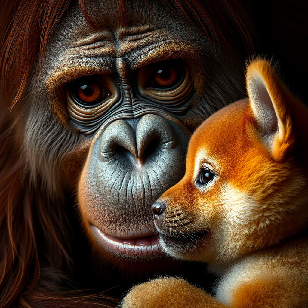 Astonished Orangutan Sniffs Akita Puppy in 8k