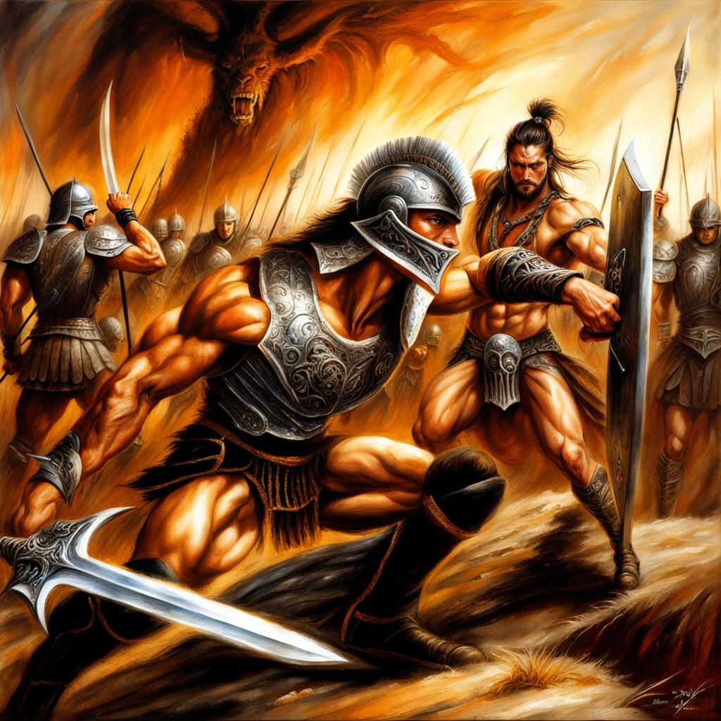 Muscular Warrior Ready for Battle, Oil Painting