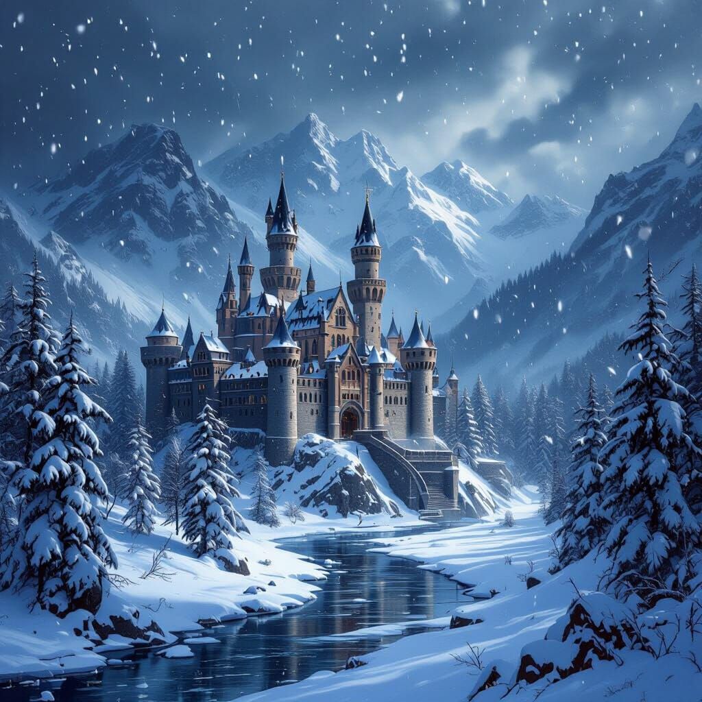 Gothic Castle in Winter Storm, Painterly Style