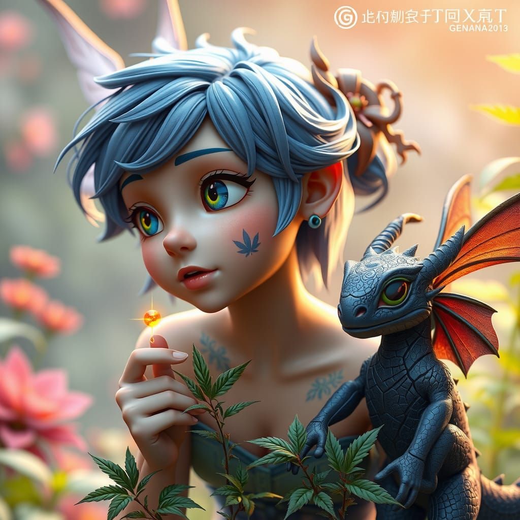 Blue Tinkerbell with Dragon: Anime-Inspired 3D Art