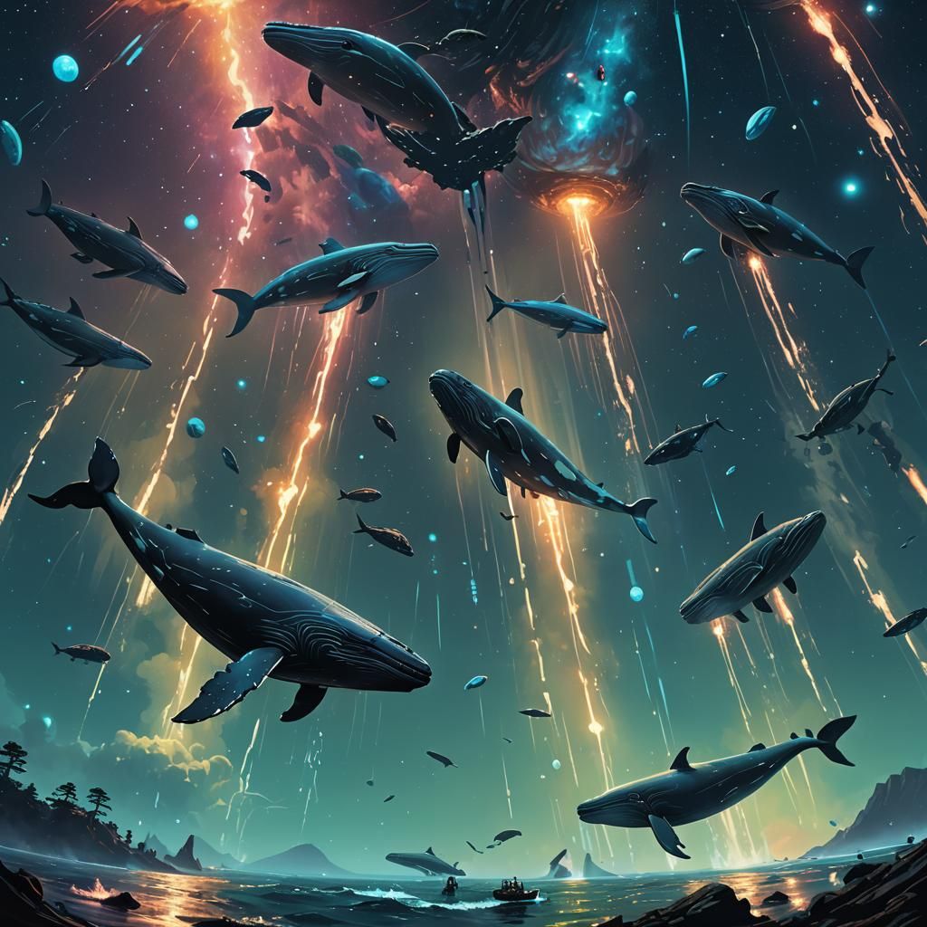 Whales Float Through Space in Dark Fantasy Art