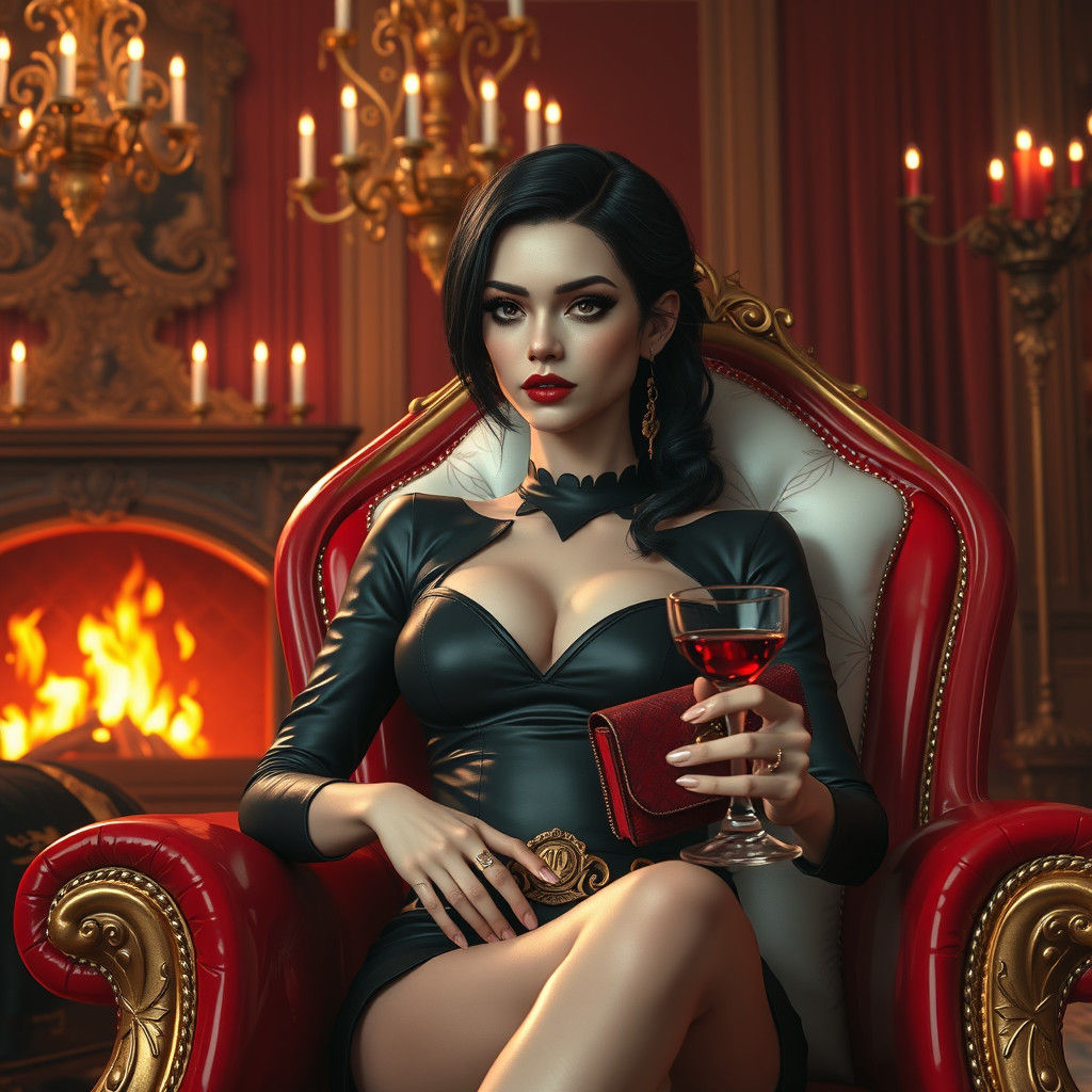 Vampire Girl in Red Chair with Blood Droplets