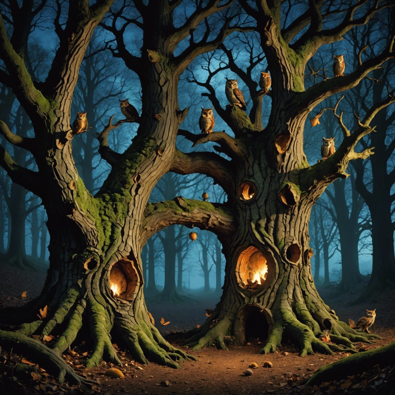 Enchanted Bioluminescent Oak Woods at Night