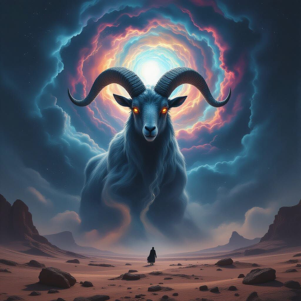 Cosmic Goat Descends from Alien Sky in Dark Fantasy Style