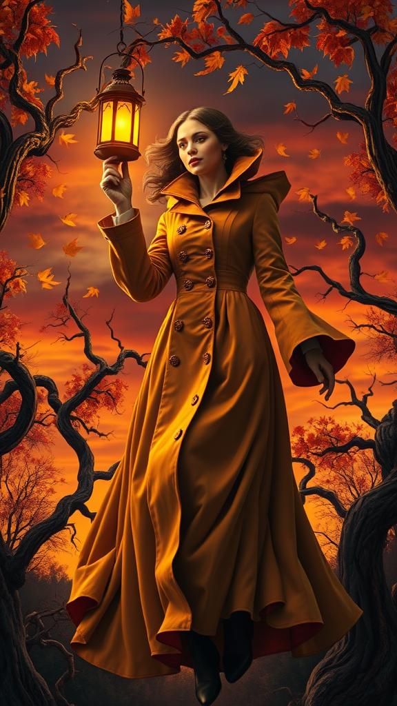 A woman in a long, billowy Victorian coat autumnal leaves sw...