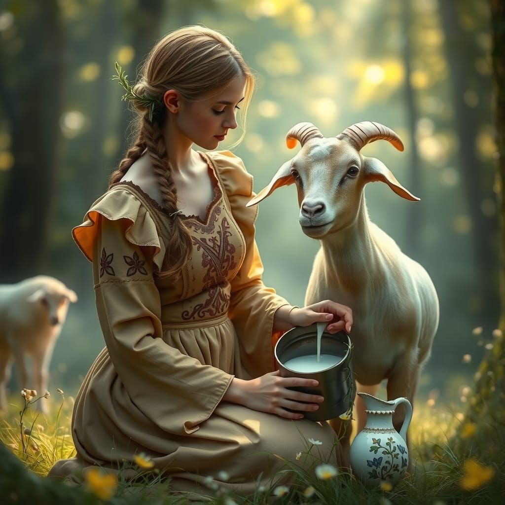 Wiccan Maid Milks a Goat in a Mystical Forest Glade