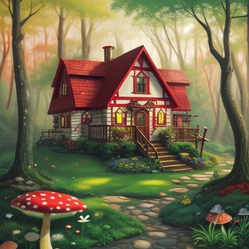 Whimsical Mushroom House in Lush Forest: Oil Painting