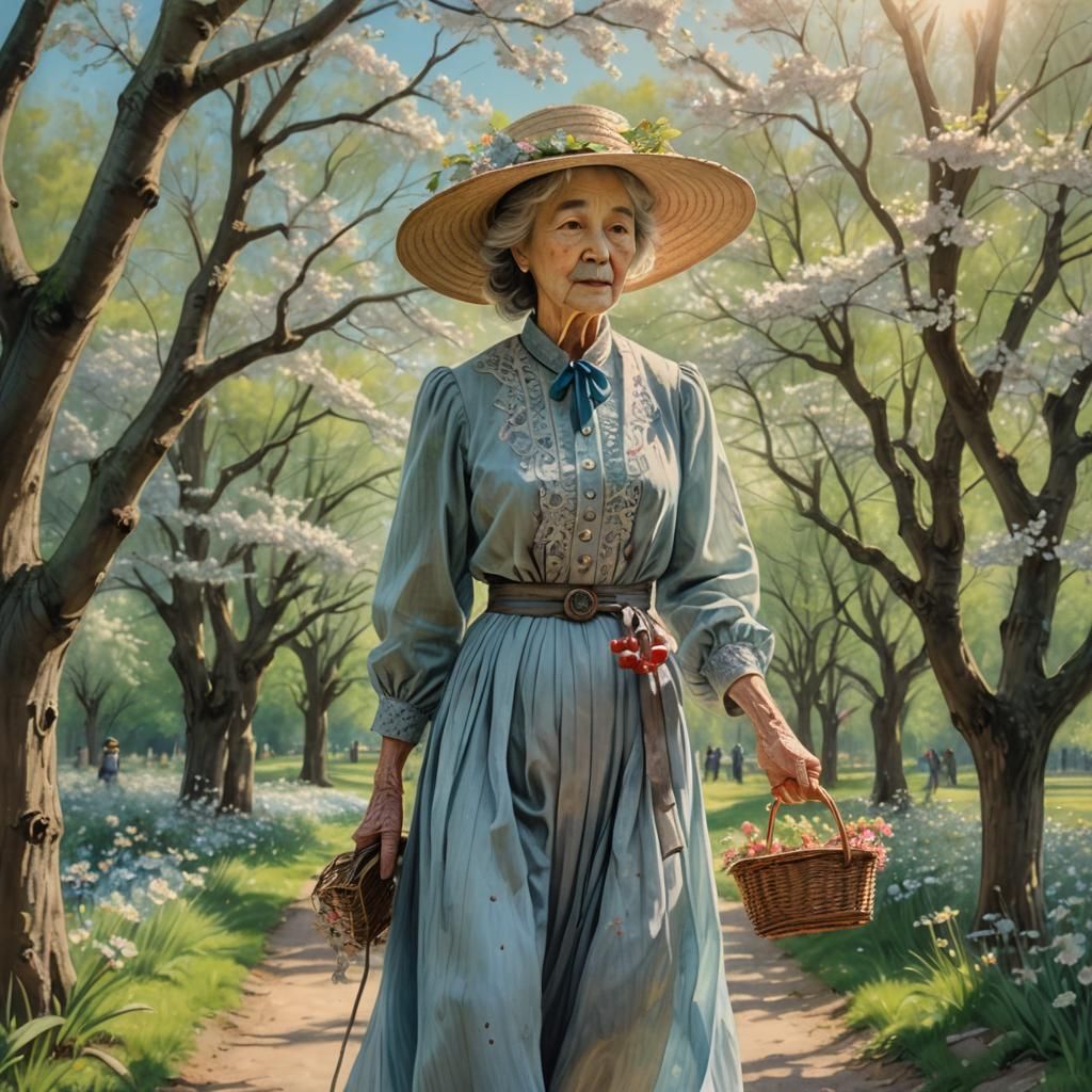 Noble Lady in Cherry Blossom Grove, Charcoal Drawing