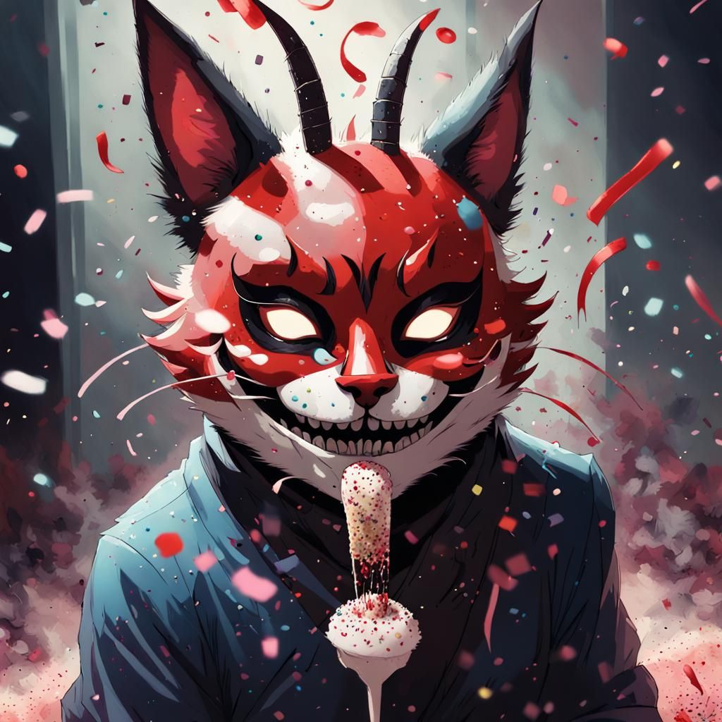 Furry Cat Villain Portrait with Oni Mask