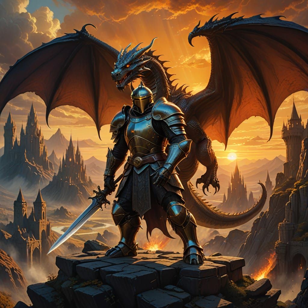 Epic Dragon Battles Majestic Knight in Grand, Atmospheric La...