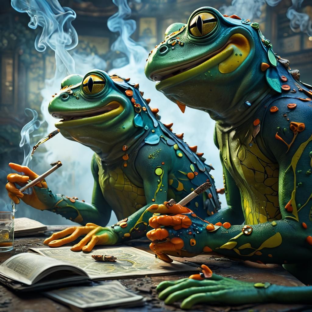 Anthropomorphic Frogs in a Surreal Solarpunk Scene