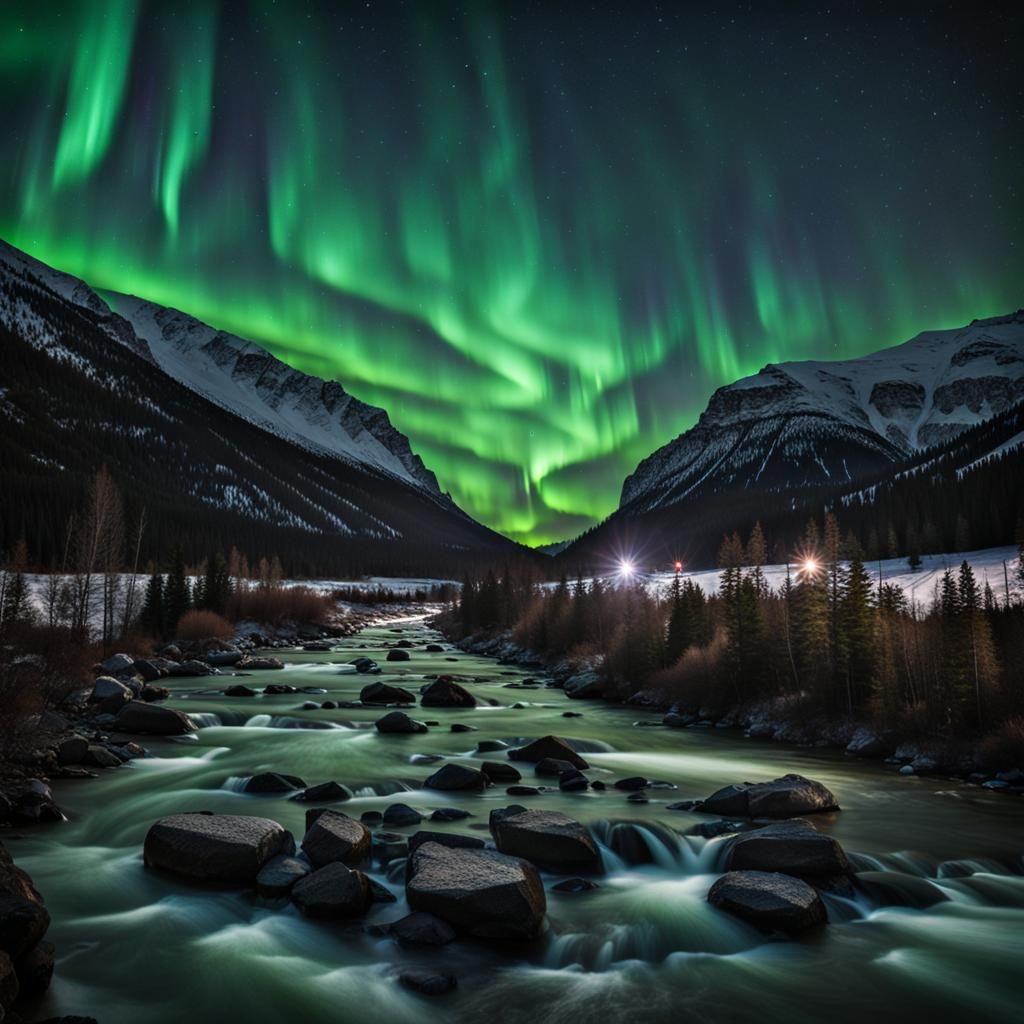 Night in River Canyon Valley with Northern Lights