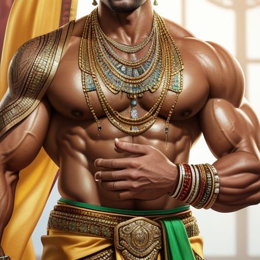 Attractive Muscle Man in Saree: Hyper-Realistic Digital Art