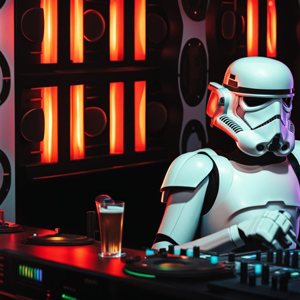 Stormtrooper DJ in Star Wars Cantina: Hyperrealistic Art