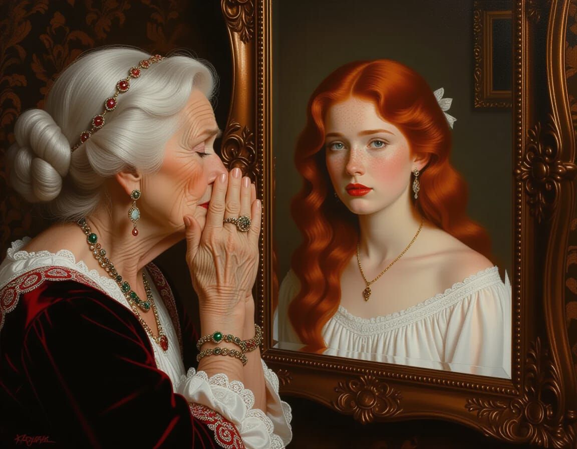 Elderly Woman's Reflection: A Hyperrealistic Oil Painting
