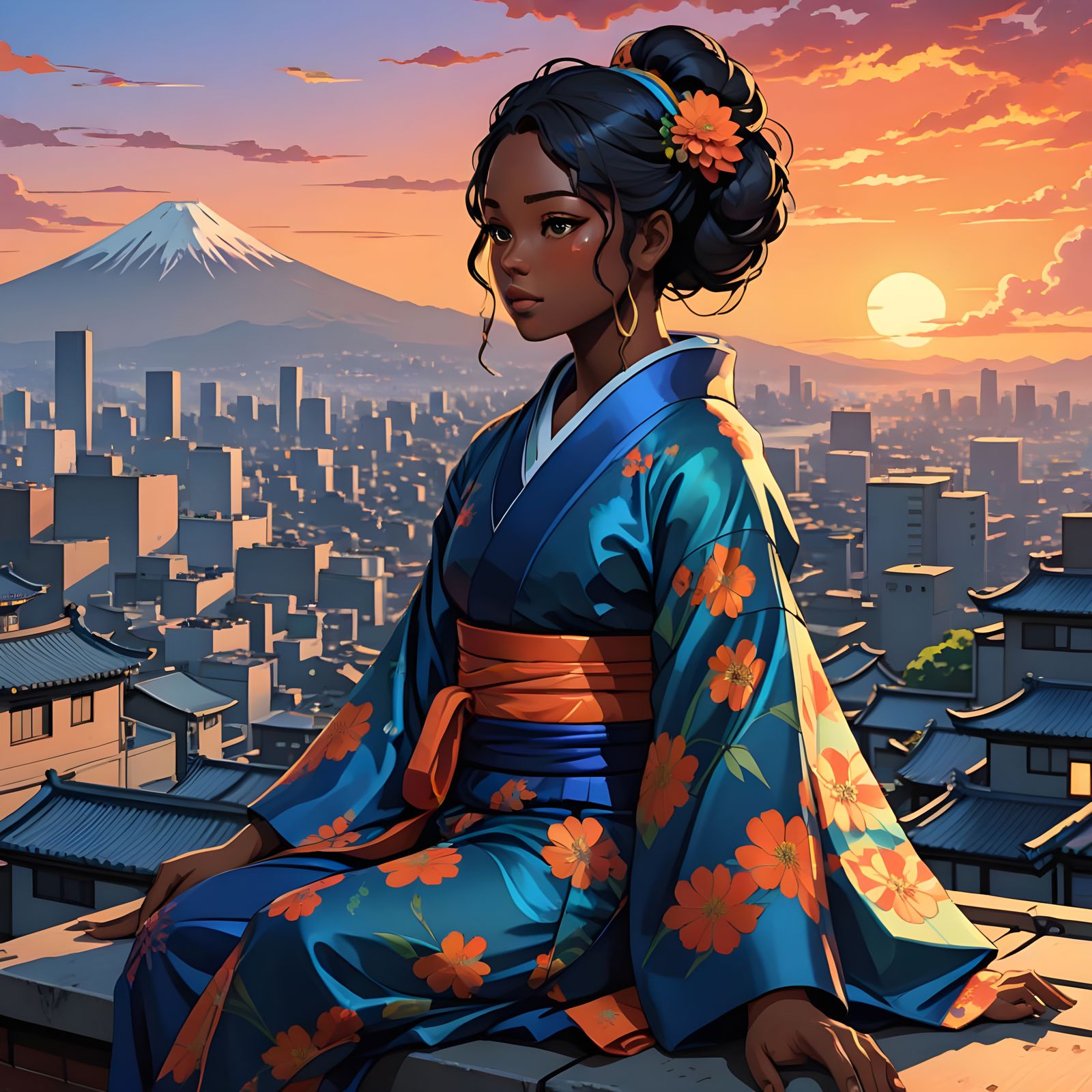 Cyberpunk Anime Goddess Overlooks Tokyo