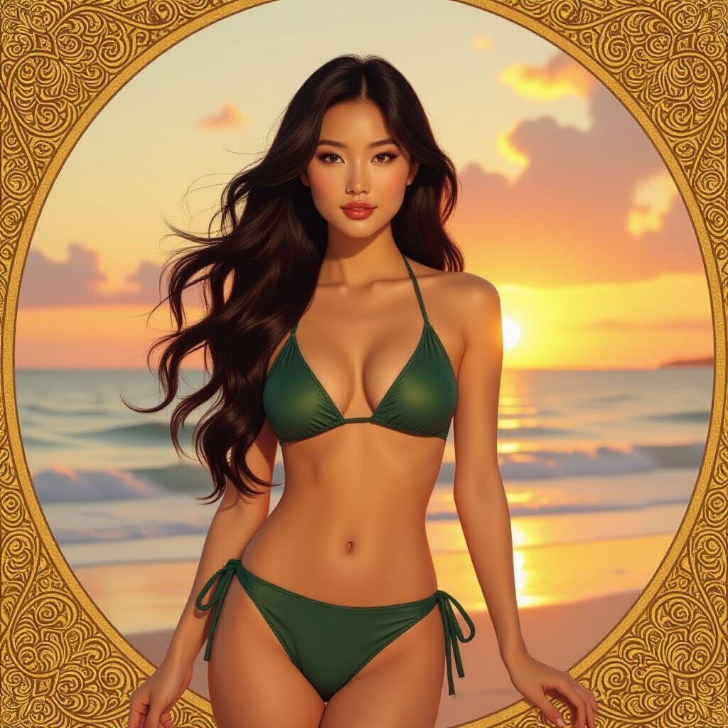 Asian Beauty on Sunset Beach in Art Nouveau Style