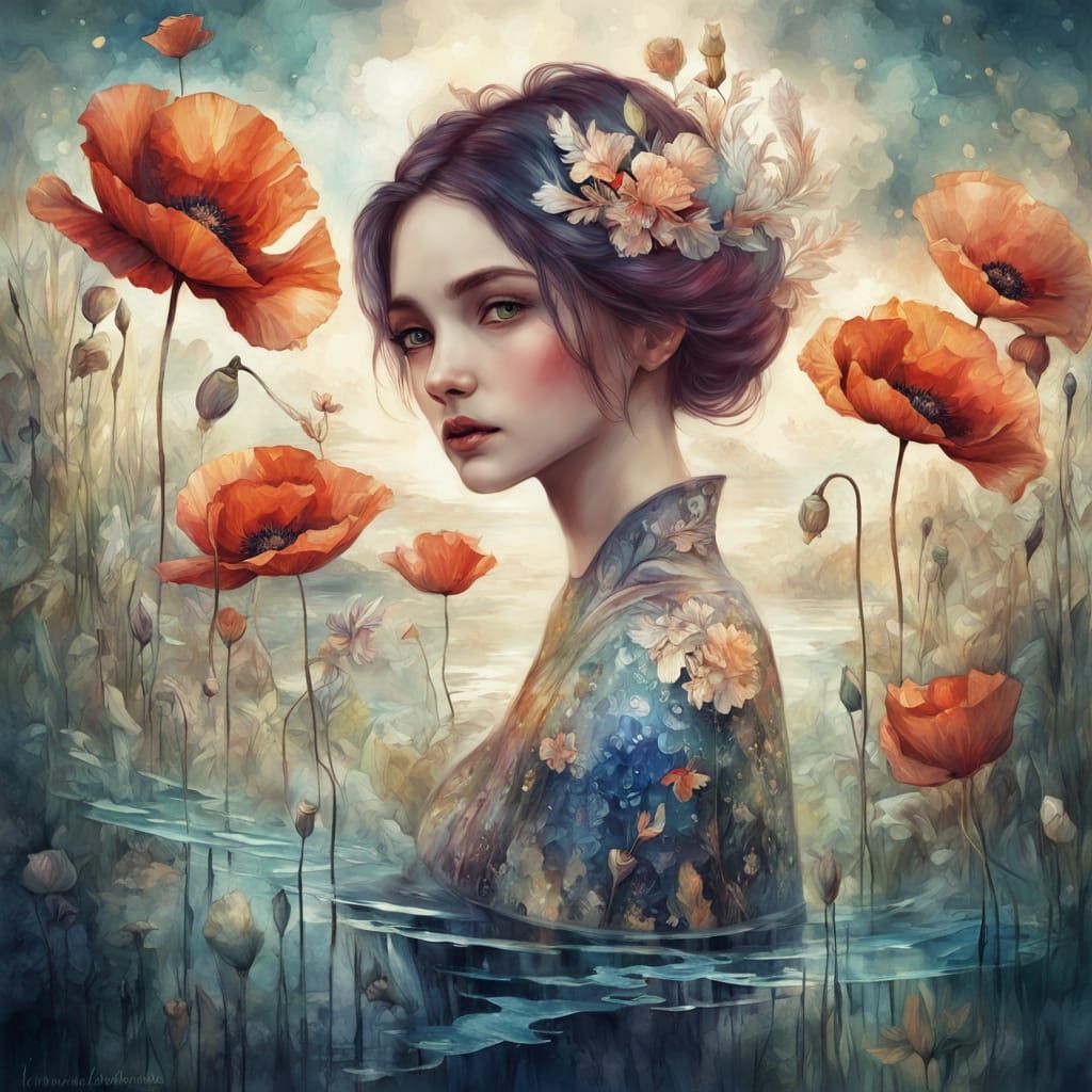 Surreal Poppies in Liquid Ink Art Brut Style