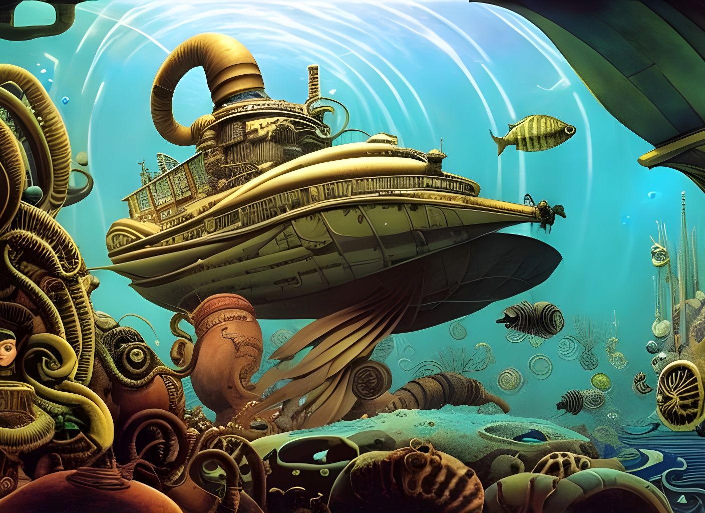 Steampunk Nautilus Underwater: Watercolor Painting
