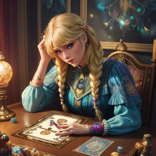 Tarot Reader with Phoenix in Candy Art Style