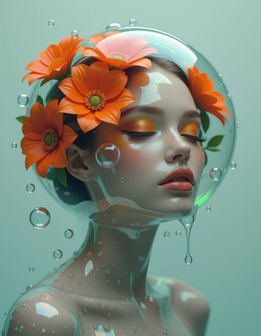 Ethereal Woman with Bubbles and Flowers in Soft Surrealism