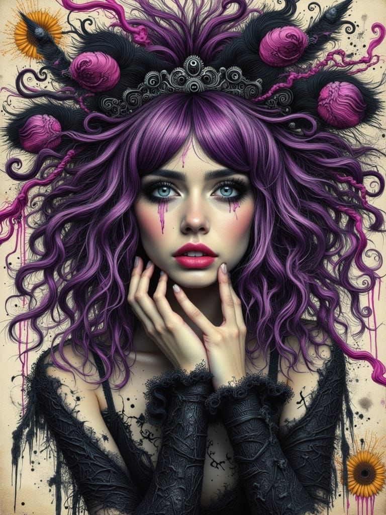 Ethereal Gothcore Portrait with Purple Hair & Whimsical Crow...