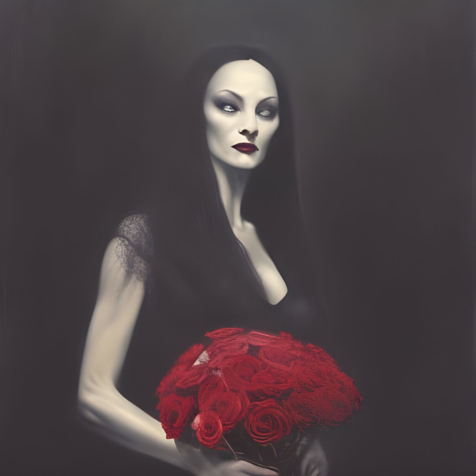 Morticia Addams with Dead Roses, Horror Style