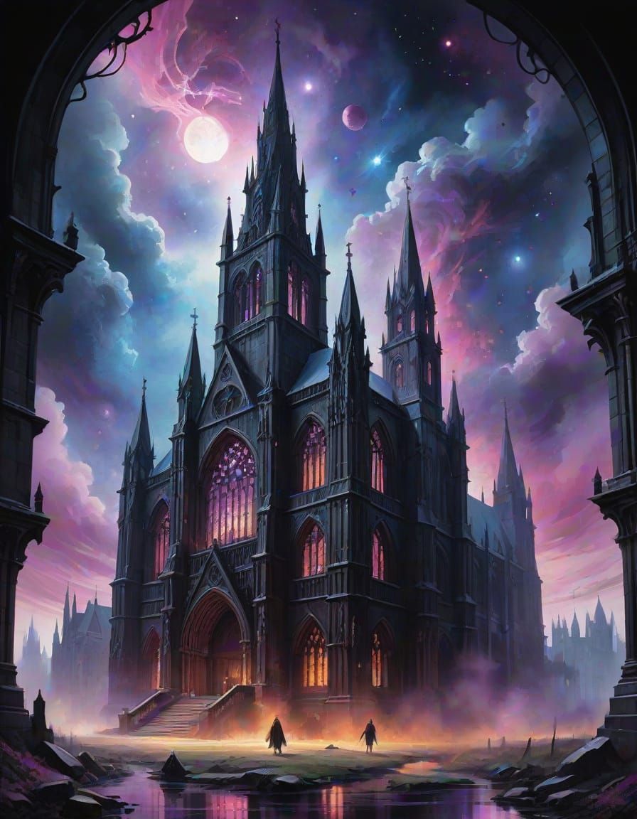 Gothic Amethyst Cathedral in Dreamy Watercolor Style