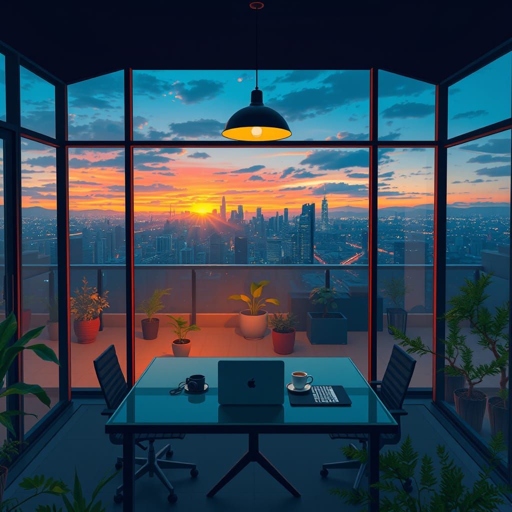 Cozy Home Office Overlooks Cityscape at Sunset