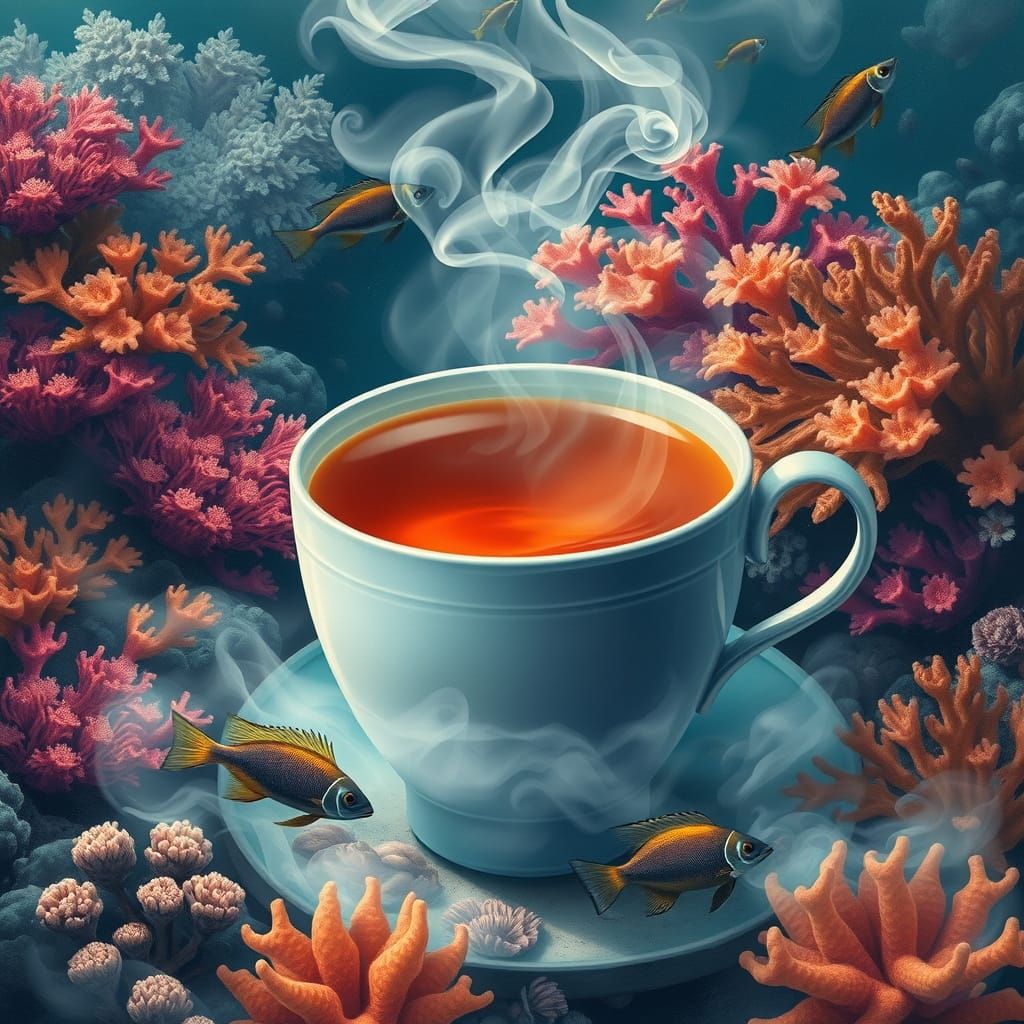 Steaming Tea Meets Vibrant Coral Reef in Dreamlike Landscape