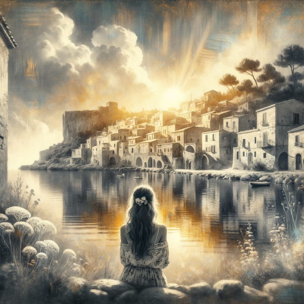 A Young Woman Contemplates the Serenity of a Mediterranean V...