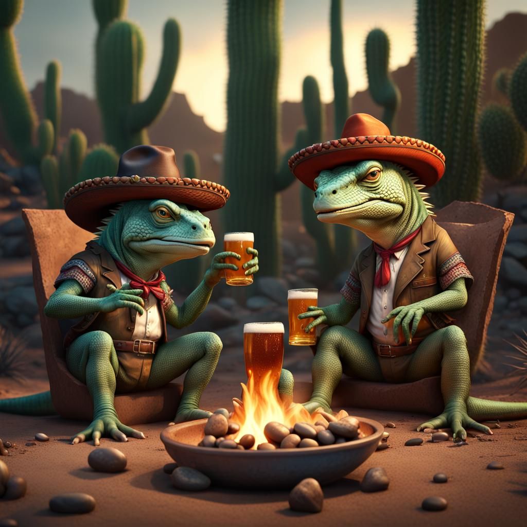 Iguanas in Sombreros Enjoying Campfire Feast