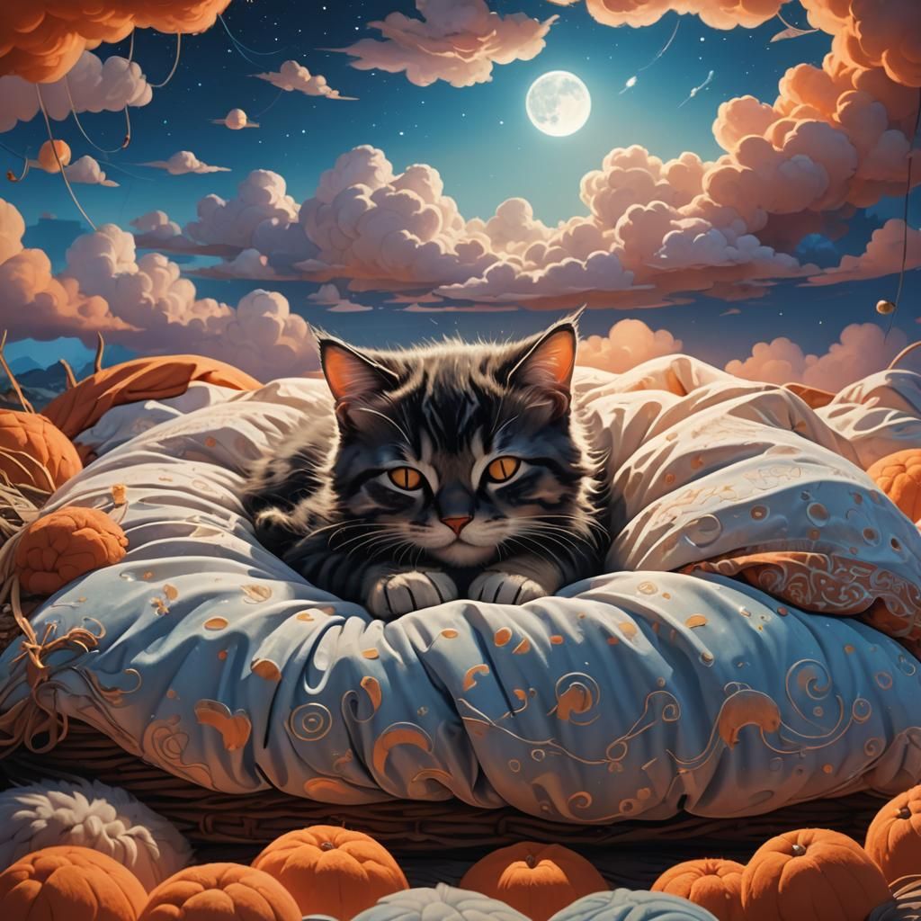 Kitten Sleeping Surrounded by Luminescent Clouds