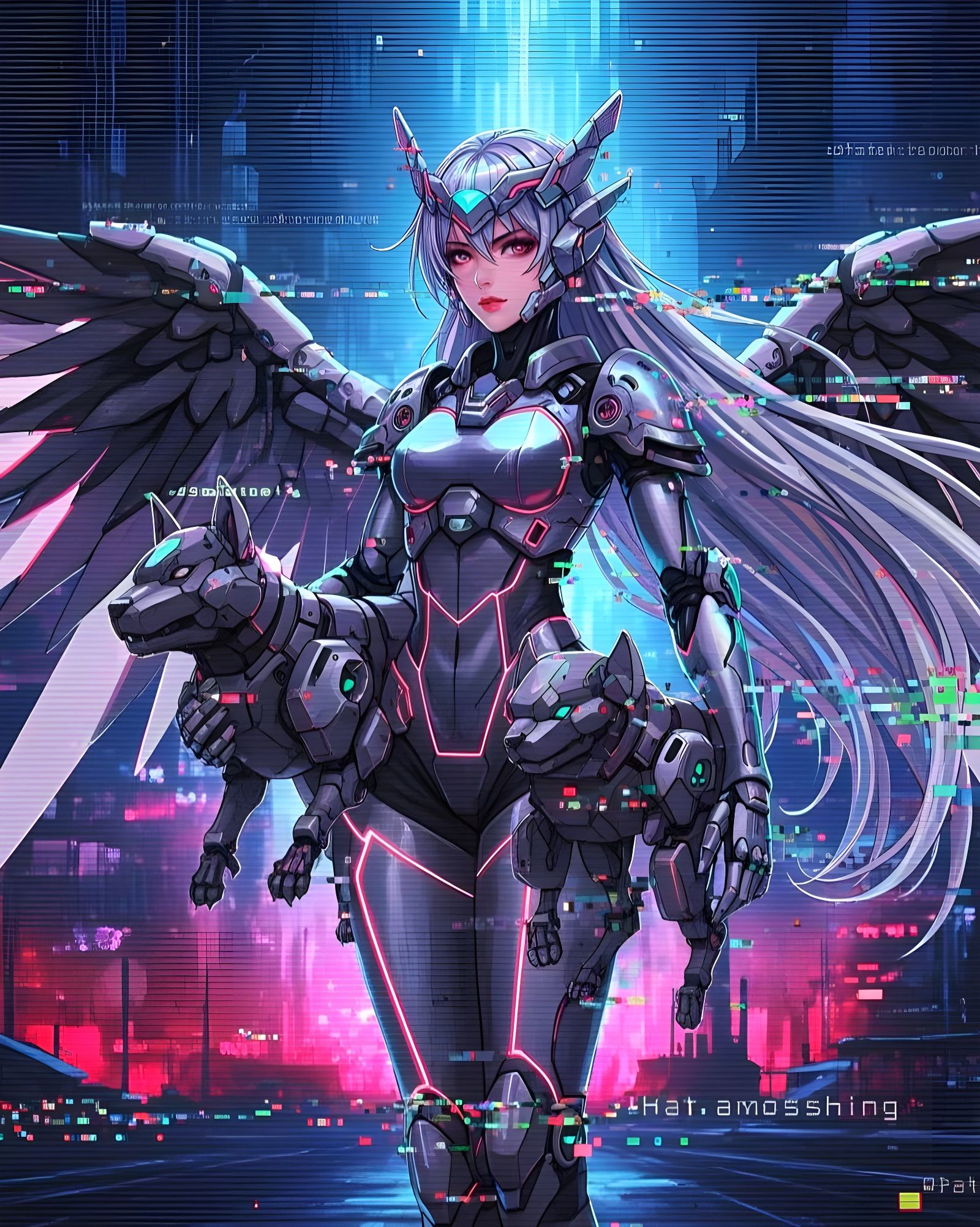 Cyberpunk Cyborg with Mecha Dog in Anime Glitch Art