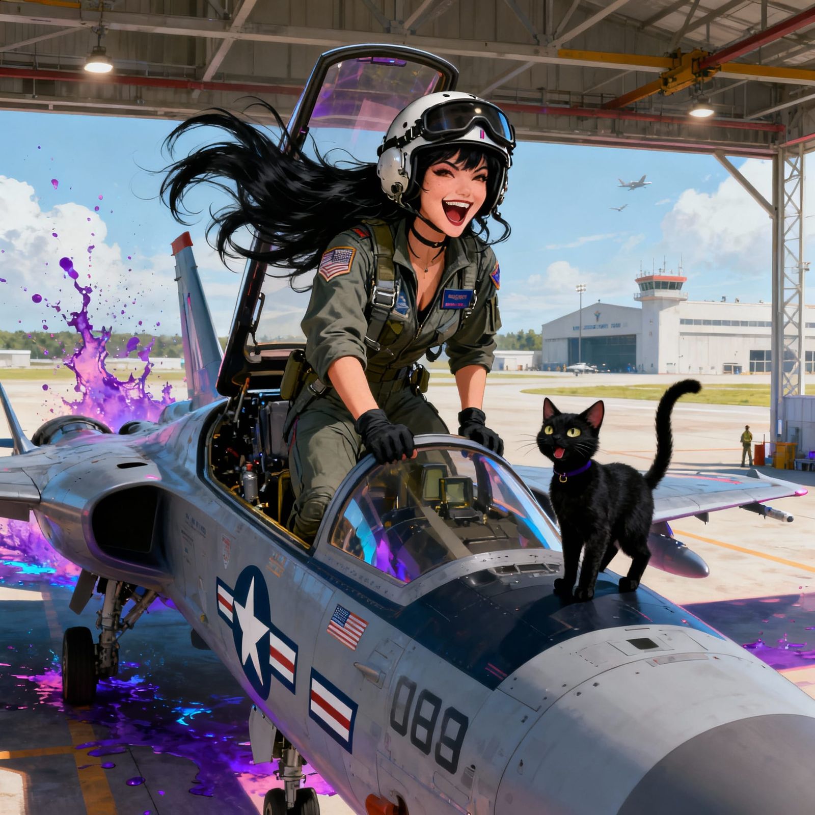 Woman Stealing Fighter Jet with Laughing Cat, Fantasy Art