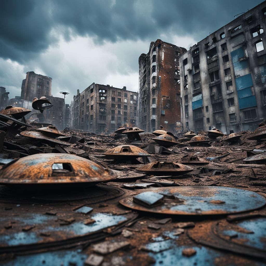 Ruined Cityscape with UFOs in Cinematic Photography