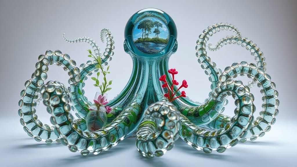 Intertwined Glass Octopi Revealing Dreamlike Mindscapes