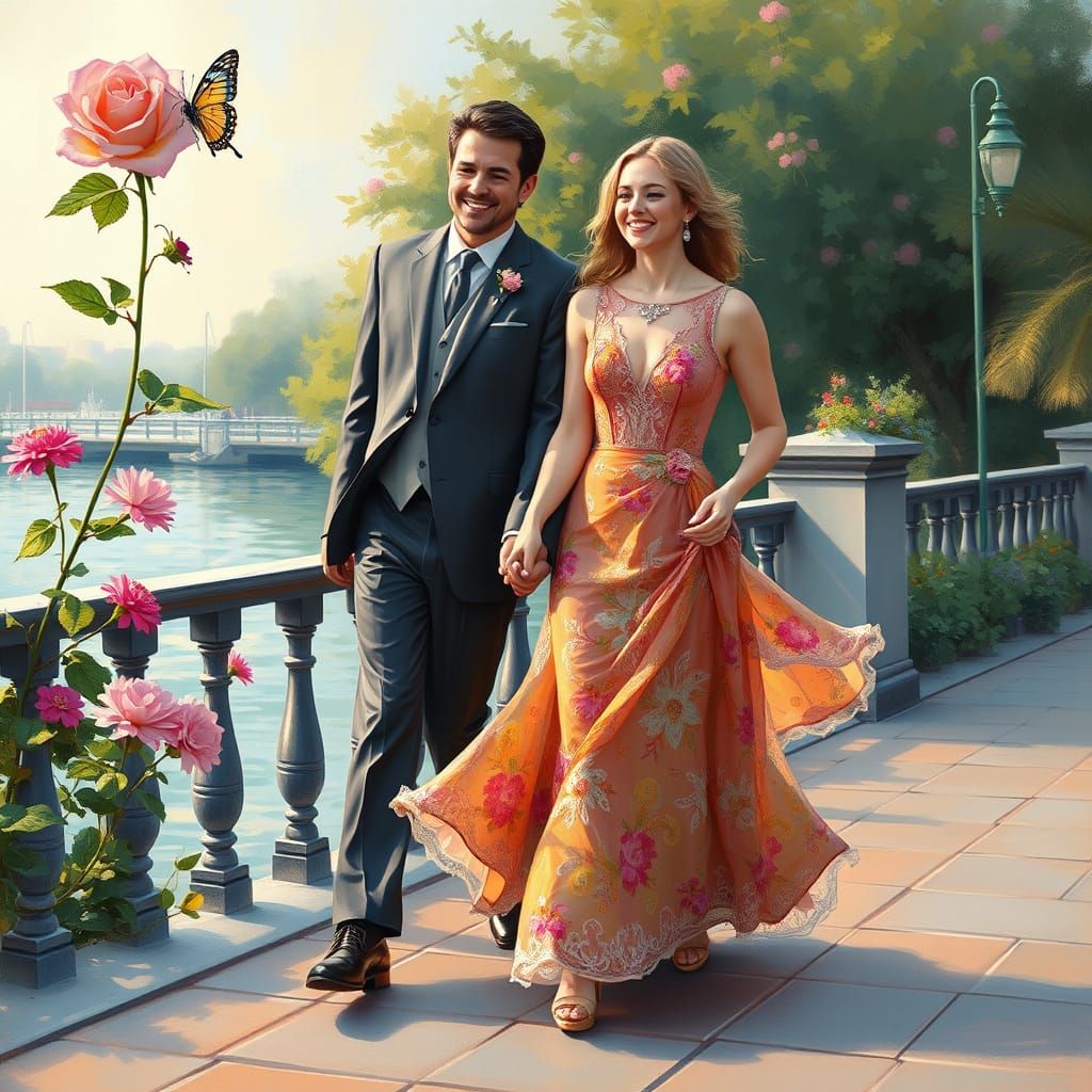 Romantic Waterfront Scene in Impressionist Style