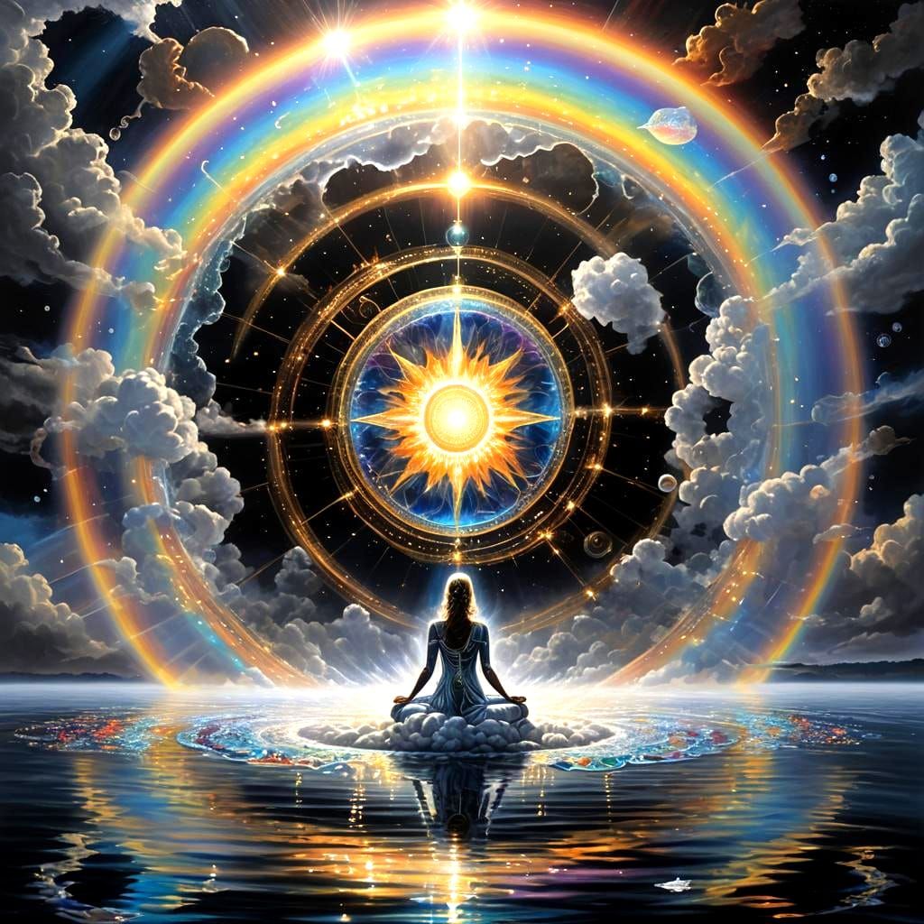 Opalescent Figure Lounging on Cloud in Digital Art