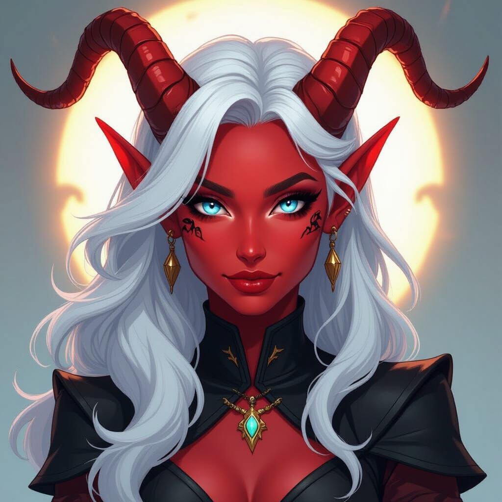 Tiefling Sorceress with Platinum Hair and Blue Eyes