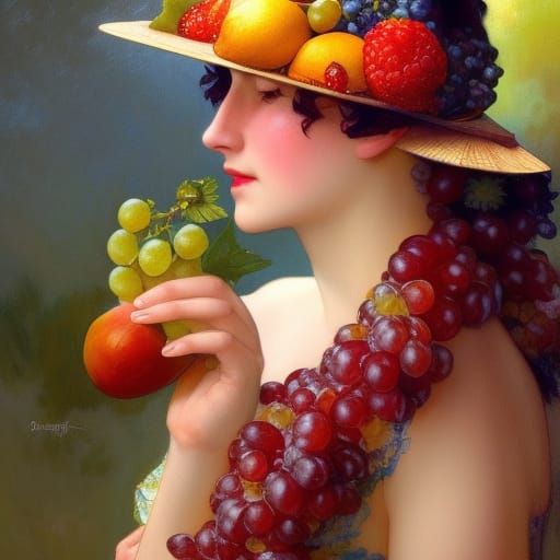 Lady with Summer Fruits Hat in Art Nouveau Style