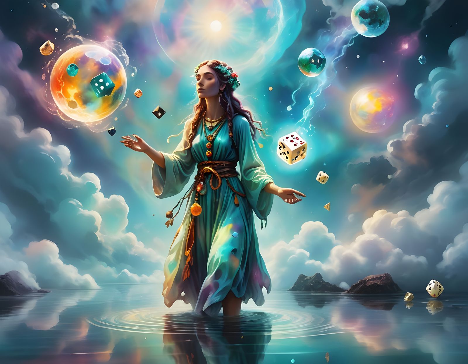 Druidess Juggling Planet and Dice in Astral Illustration