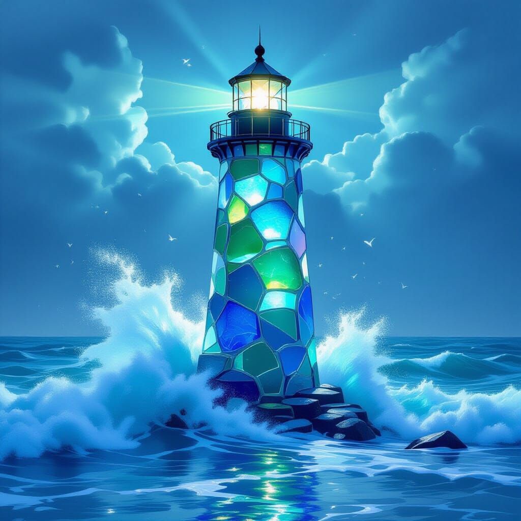 Majestic Sea Glass Lighthouse Amidst Crashing Waves