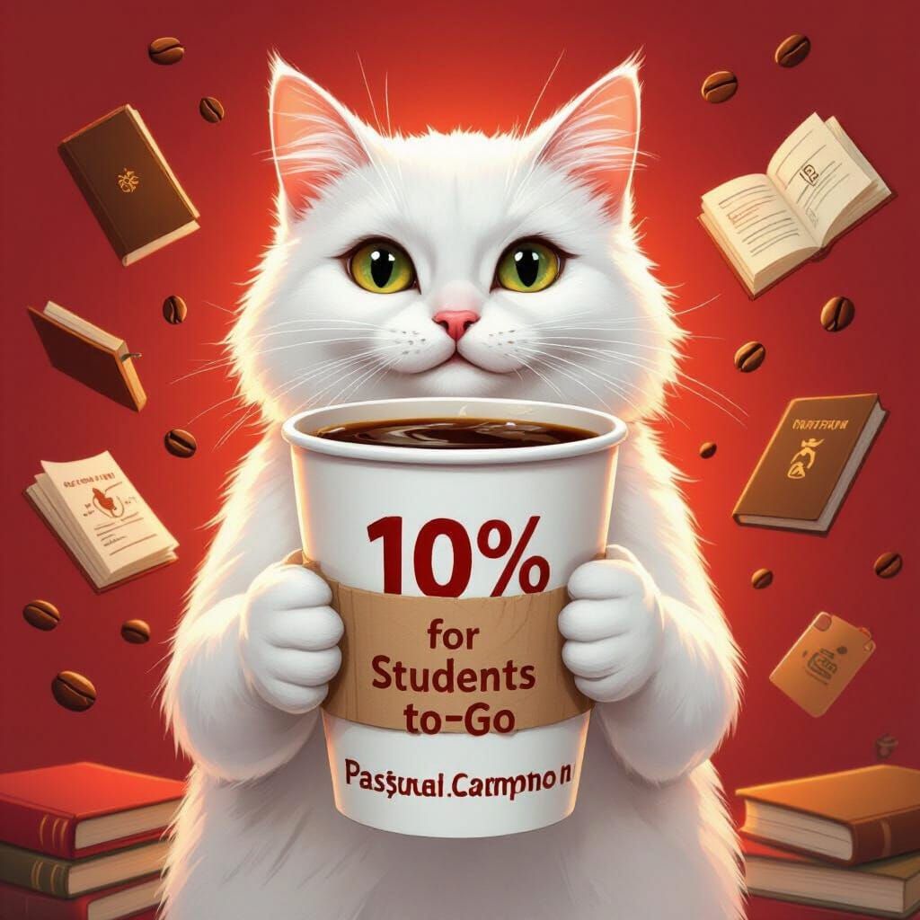 White Cat with Glowing Coffee Cup for Students