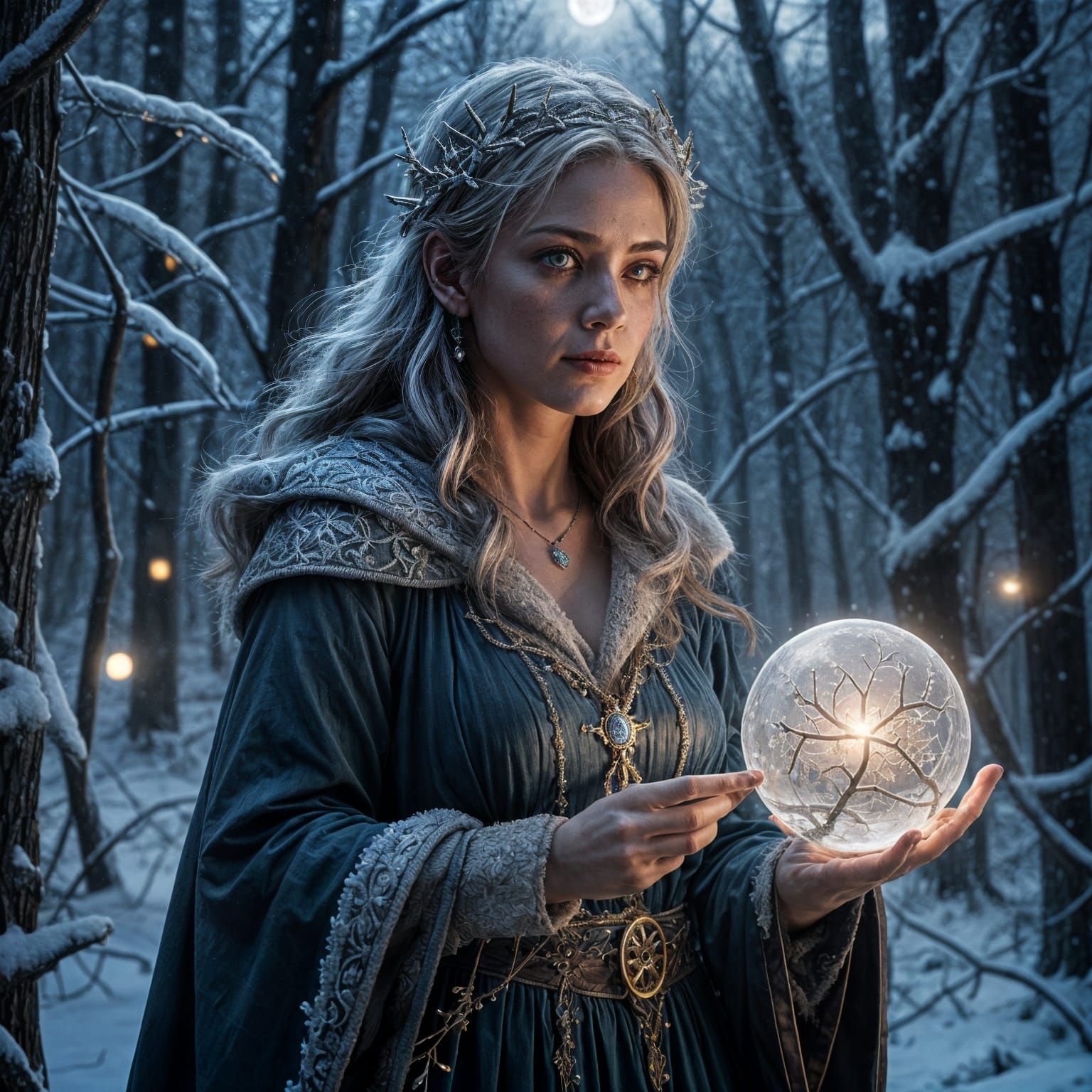 Mysterious Sorceress in Snowy Forest, Fantasy Art