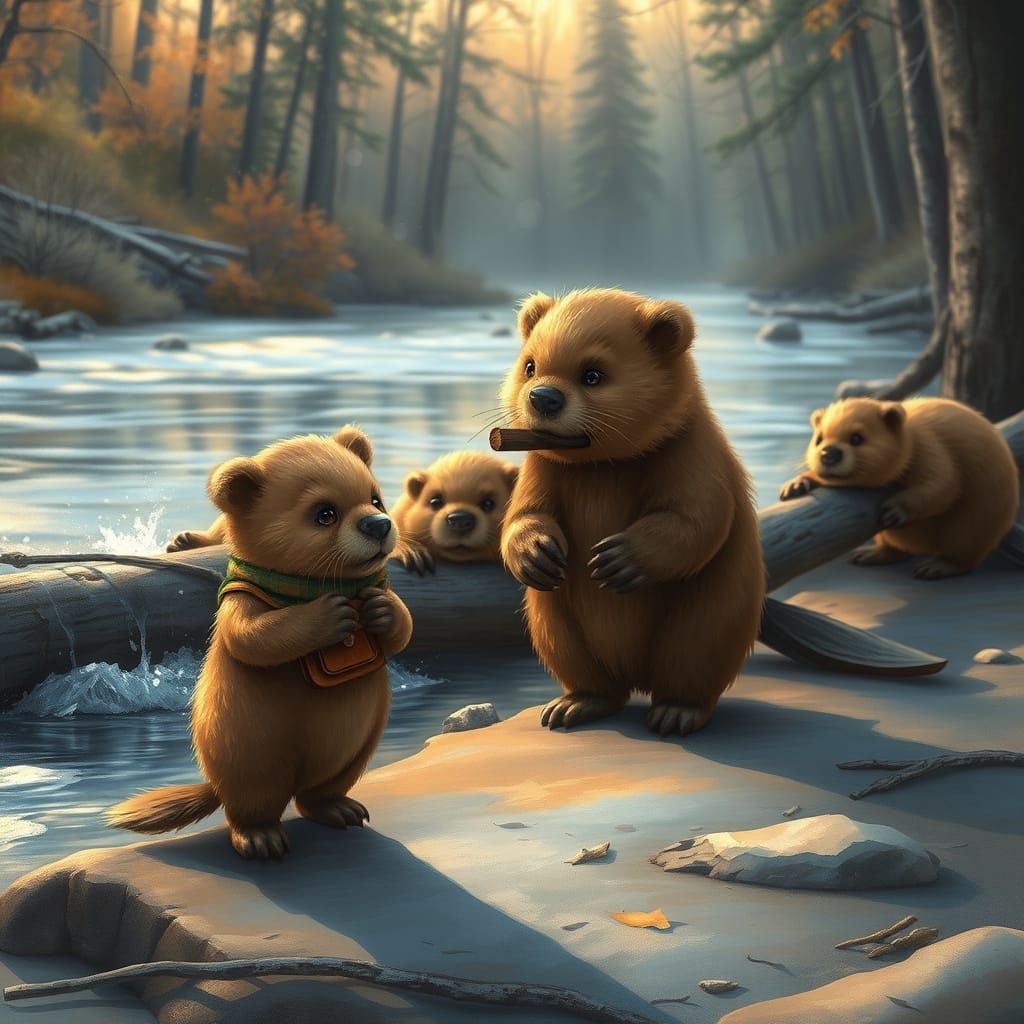 Surreal Forest Scene in Autumn, Beavers Building Dam in Gold...